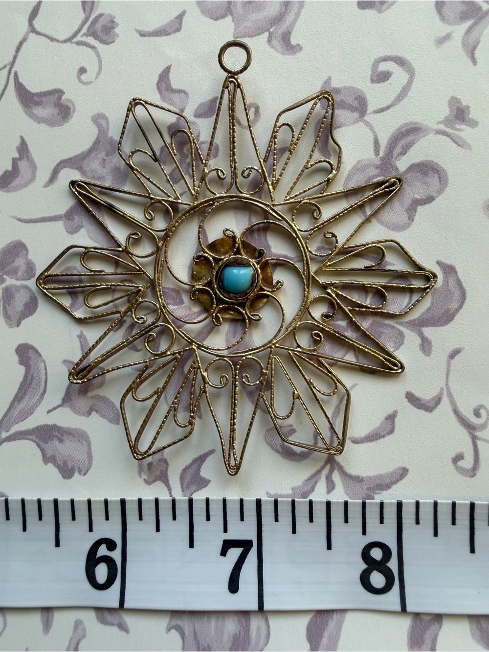 Gold Filigree Sunburst Pendant with Turquoise Accent